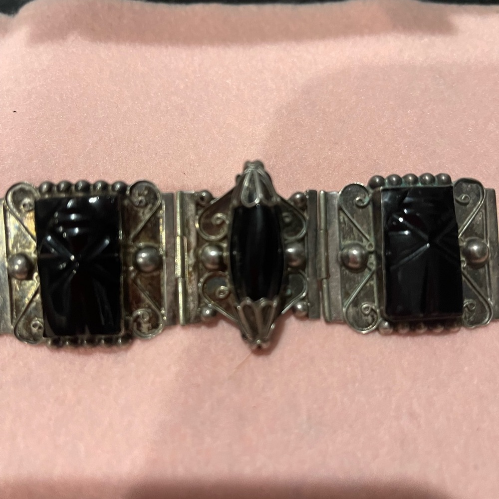 Vintage 925 Silver and Black Carved Onyx